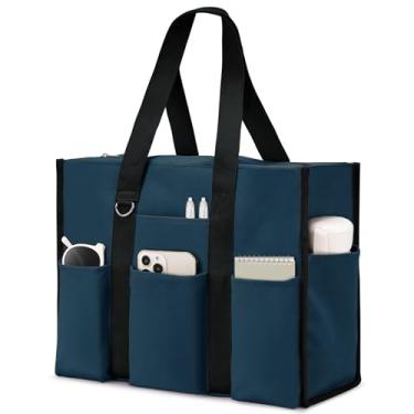 Imagem de Becokan Bolsa feminina grande, impermeável, com 12 bolsos, fecho de zíper, utilitária, professora, enfermeira, para trabalho, escola, Azul escuro, Medium