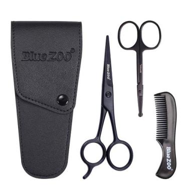 Imagem de Kit de tesoura e pente para barba e bigode BlueZoo com bolsa de armaze