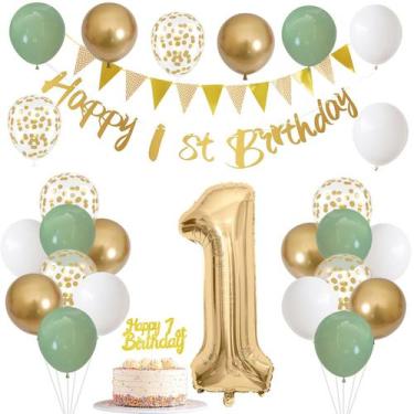 Imagem de Decorações de aniversário: 1º aniversário de Jobkoo, verde, branco, ou