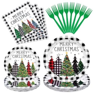 Imagem de 96 peças de utensílios de mesa para árvore de Natal – Louça descartável xadrez búfalo preto e branco com pratos de papel, guardanapos e garfos de plástico para celebração rústica de inverno – Serve 24