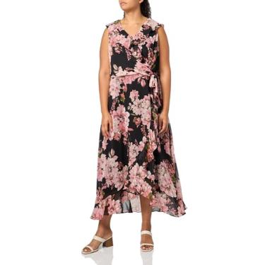 Imagem de London Times Vestidos femininos sem mangas com detalhe de babados e laço falso vestido midi, Preto/Multi, 50