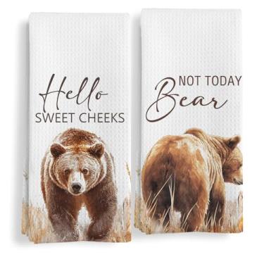 Imagem de Qeheb Conjunto de 2 toalhas de mão engraçadas de urso, decoração de banheiro Hello Sweet Cheeks, presentes de urso, toalhas de cozinha decorativas de animais de fazenda rústica para banheiro banheiro