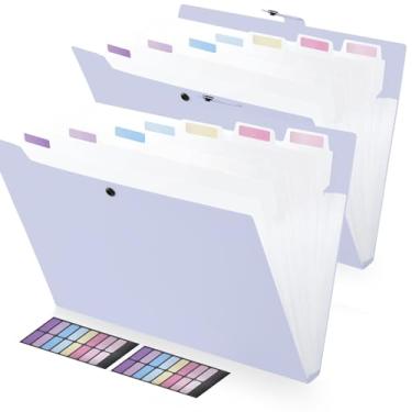 Imagem de FRETONBA Pasta expansível com bolsos, organizador de arquivos sanfonado com etiquetas, pastas tamanho carta para documentos, material de escritório escolar universitário (roxo, 8 bolsos - 2 peças)