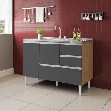 Imagem de BALCÃO MACEIÓ PARA PIA 1,20 2 PORTAS COM GAVETÃO Amêndoa Grafite - Mil