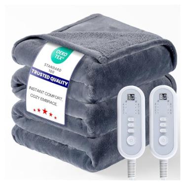 Imagem de Cobertor aquecido Queen elétrico tamanho 213 x 228 cm com controles duplos, cobertor de aquecimento com flanela e sherpa para cama, 8 níveis de calor e 10 horas de desligamento automático, corpo