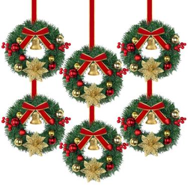 Imagem de 6 mini guirlanda de Natal com sino, baga, flores e bola, guirlanda pequena de porta de Natal de 25 cm para decoração de parede de cadeira de janela de cozinha (Sino)