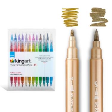 Imagem de KINGART Canetas metálicas de ponta dupla (404-24), pincel + ponta fina, 24 cores, tinta de secagem rápida, para cartões, artesanato, diários e mídia mista, funciona em papel claro e escuro