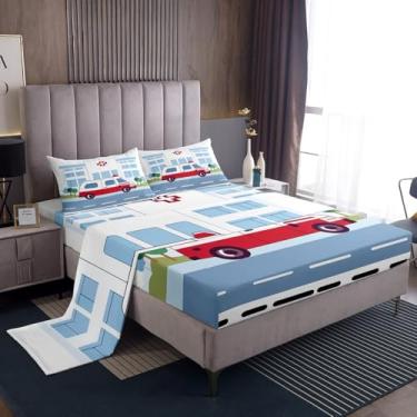 Imagem de jejeloiu Jogo de lençol Queen com desenho animado de ambulância, carro, bolso alto, para automóvel, macio, 4 peças com 2 fronhas