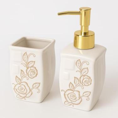 Imagem de Conjunto de Banheiro Elegante de Cerâmica com Porta Sabonete Líquido Dispenser e Suporte Pasta e Escova Cor Branca Creme com Design Floral Dourado 2 Peças Pia Lavado