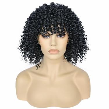 Imagem de Peruca curta encaracolada afro com franja 30cm de cabelo sintético 350