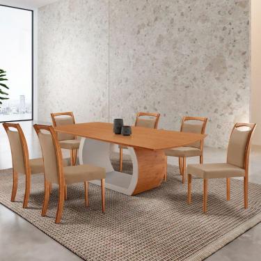Imagem de Mesa Zeus 180cm Tampo Laminado Canto Barril Com 6 Cadeiras Linho Palha Imbuia Natural
