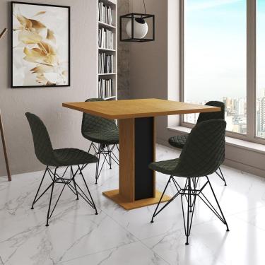 Imagem de Mesa Jantar Londres Quadrada Canela 90Cm Base Preta 4 Cadeiras Eames Estofadas Verde Ferro Preto
