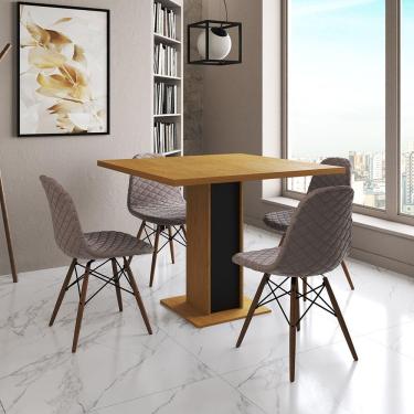 Imagem de Mesa Jantar Londres Quadrada Canela 90Cm Base Preta 4 Cadeiras Eames Estofadas Nude Médio Madeira