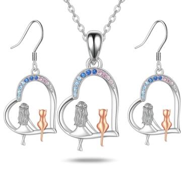 Imagem de SUPAC Conjunto de joias de cristal gato e lua, colar com pingente de aço inoxidável com cristais azuis e rosa, design de gato em ouro rosa, conjunto de 3 peças com brincos, largura de 0,90 polegadas