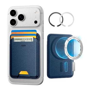 Imagem de Carteira M4g-S4fe Magnética Porta Cartões 5 Unidades com Bloqueio RFID, Couro Vegano Slim para iPhone 16/15/14/13/12 Series (Exceto Mini), Força Magnética 3.200g, Azul Escuro