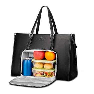 Imagem de Bolsa Tote Feminina para Notebook 15.6" com Compartimento Térmico Isolado para Almoço, Trabalho e Viagem, Design Elegante Preta