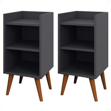 Imagem de Kit 2 Mesas de Cabeceira - Retrô – Funcionais com Nicho, Porta Celular e Pés Palito(KIT CINZA)