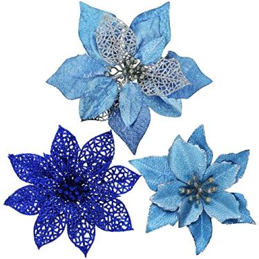 Imagem de Winlyn 24 conjuntos 3 estilos de natal azul glitter poinsétia flores palhetas enfeites de árvore de natal para guirlandas de árvore de natal azul guirlanda decorações sazonais de casamento caixa de presente branca incluída