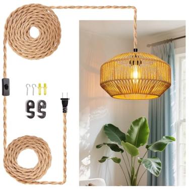 Imagem de LUCORUSC Luminária de pendurar lâmpada de teto luzes penduradas em vime com cabo de plugue para sala de estar quarto cozinha lâmpada suspensa interna plugue abajur de tecido