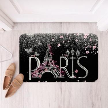 Imagem de Tapete de área de Paris Silver Glitter Tapete de banho França Torre Eiffel Tapetes de banheiro Crianças Meninas Rosa Floral Paris Decoração para Quarto Romântico Acessórios de banheiro Tapete de chão Sala de estar Cozinha 16" x 24"