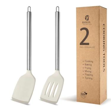 Imagem de MANJIA Espátula de silicone com fenda e espátula sólida, conjunto de utensílios de cozinha ideal para cozinhar peixe, ovos, panquecas, conjunto de utensílios de cozinha de silicone, 2 peças