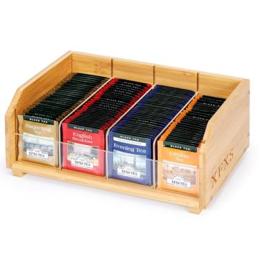 Imagem de XFXS Organizador de saquinhos de chá, caixa de armazenamento empilhável de bambu com 1 camada, suporte de chá de madeira com 4 compartimentos, madeira natural e acrílico para bancada, armário de