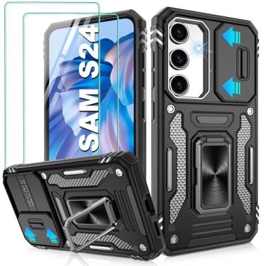 Imagem de Gritup Capa para Samsung Galaxy S24 com 2 protetores de tela HD e capa de câmera deslizante, proteção contra quedas de grau militar de 3,5 m, suporte de anel magnético, capa protetora para celular