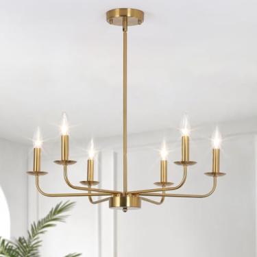 Imagem de JZQWCK Lustre dourado moderno para sala de jantar, 6 luzes rústica vela dourada luminária de teto de altura ajustável para sala de estar, cozinha, entrada, hall de entrada