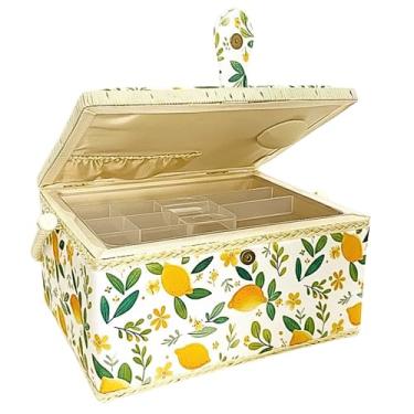 Imagem de Cesta de costura vazia grande sem kit com bandeja removível, organizador de madeira para armazenamento de suprimentos de costura, conserto de artesanato, limonada