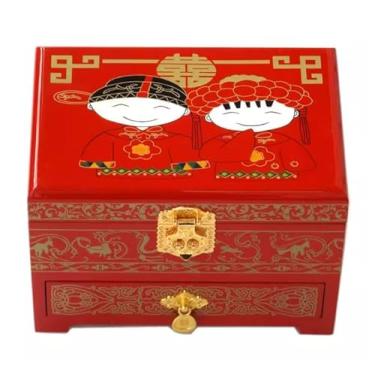 Imagem de Only My Live Home Caixa de joias pintada à mão com trava de gavetas, espelho, armazenamento de joias de madeira estilo chinês de 3 camadas com antiguidade, presente de casamento (vermelho (hongxiwawa