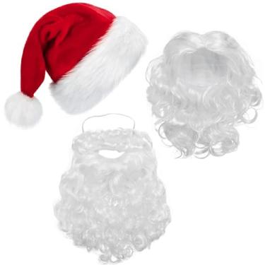 Imagem de PORSMEER Conjunto de chapéu, barba e peruca de Papai Noel para adultos – Acessórios premium para fantasia de Papai Noel, chapéu vermelho, peruca branca perfeita para festas de Natal e diversão de