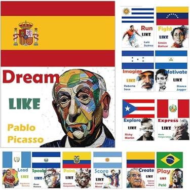 Imagem de 21 pôsteres da herança hispânica | Decoração de celebração cultural de 28 x 35 cm para sala de aula, escritório e casa | Conjunto de quadro de avisos do mês escolar