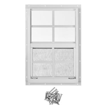 Imagem de Janela de galpão 30,5 cm x 45,7 cm, janelas deslizantes pequenas com moldura de liga de alumínio, janela de montagem embutida com vidro temperado e tela de fibra de vidro para galinheiro, uso