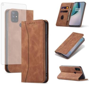 Imagem de Asuwish Capa carteira flip para OnePlus Nord N10 5G com protetor de tela fecho magnético capa fólio suporte para cartão de crédito suporte One Plus N 10 G5 1 Plus 10N 1plus One+ 1+ N105G marrom