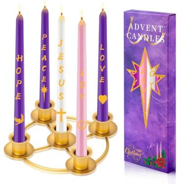 Imagem de Conjunto de castiçais de guirlanda do advento com 5 velas cônicas, anel de vela de Natal dourado para decoração de mesa para festivais de Natal e igreja em casa