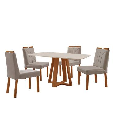 Imagem de Conjunto Sala De Jantar Mesa Floripa 140x80cm Off White Com 4 Cadeiras Luna Veludo Cinza