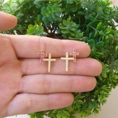 Imagem de Brinco Cruz Rubi E Branco Cravejado Banho De Ouro