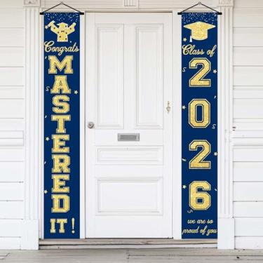 Imagem de Mastered It Decorações Class of 2026 Mastered it Banner de formatura para varanda da porta da frente, azul marinho e dourado, decorações de mestrado para pós-graduação suprimentos de decoração de