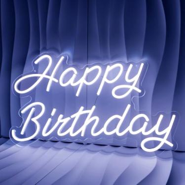 Imagem de Sinal neon de feliz aniversário grande sinal de led para pano de fundo luz branca neon sinal de feliz aniversário para decoração de festa, 55 cm x 34 cm