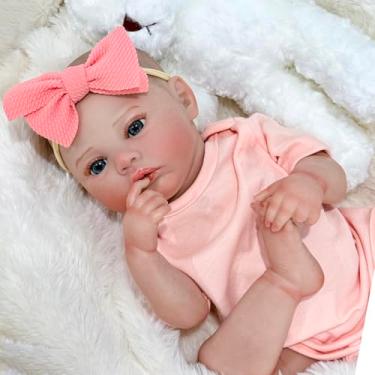 Imagem de Bebê Reborn Boneca Menina Realista Pintado Corpo de Silicone 48cm Olhos Azuis Com Acessórios Original (Menina Urso Rosa)