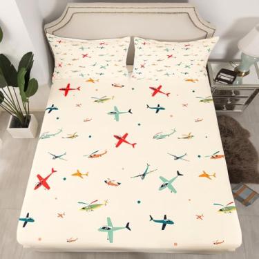 Imagem de Feelyou Jogo de lençol solteiro com estampa de avião, para meninos, meninas, adolescentes, aeronaves, voando, respirável, helicóptero, avião voador, lençol com elástico
