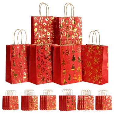 Imagem de Qigfucm Pacote com 24 sacos de presente de Natal, sacos festivos para lembrancinhas de festa de papel kraft com alças, sortidos padrões de Natal, bolsa de doces para suprimentos de festa de