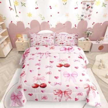 Imagem de Erosebridal Jogo de cama com laço de cereja para meninas, edredom de coquete, laço de fita rosa, para cama kawaii, estilo princesa, romântico, laço, colcha, decoração de quarto kawaii