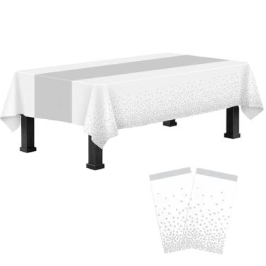 Imagem de 2 pacotes de toalhas de mesa de plástico branco e prata descartáveis para decoração de festa, toalha de mesa de plástico branco impressa com caminho de mesa prata para Natal, aniversário, casamento