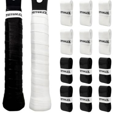 Imagem de PATTONLEX Punhos para raquete de tênis – Pacote com 12 fitas multicoloridas para tênis, badminton, squash, raquete esportiva – Absorve suor, antiderrapante, aderência durável (branco + preto)