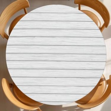 Imagem de KiuLoam Toalha de mesa redonda moderna branca e cinza com estampa de grão de madeira, toalha de mesa de fazenda com borda elástica, lavável para decoração de cozinha e exterior, serve para 114 a 127