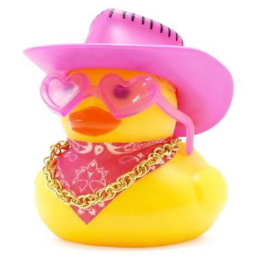 Imagem de Pato de borracha para carro, chapéu de caubói ornamento de pato com óculos rosa de coração, colar dourado e babador, decoração de painel estridente com fitas dupla face para interior de carro, sala de