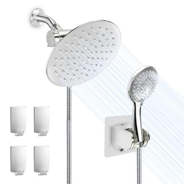 Imagem de Chuveiro Ducha Inox de 20cm com Redondo Ducha Manual de 10cm e Mangueira de 1,5m Conjunto Duplo Ajustável com Função Chuva de Alta Pressão (Prata)