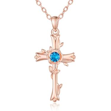 Imagem de SilvecFantasy Colar com pingente de cruz rosa para mulheres, colar de pedra do mês de nascimento da fé em ouro rosa, presente de aniversário de batismo na igreja para mãe, esposa, namorada, 1.26