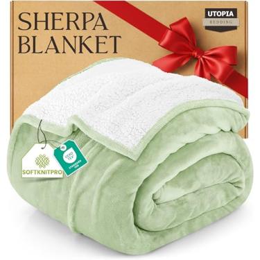 Imagem de Utopia Bedding Cobertor sherpa California King Size (verde sálvia, 250 x 236 cm) - Cobertor reversível de lã de pelúcia macia para cama, sofá, acampamento e viagens